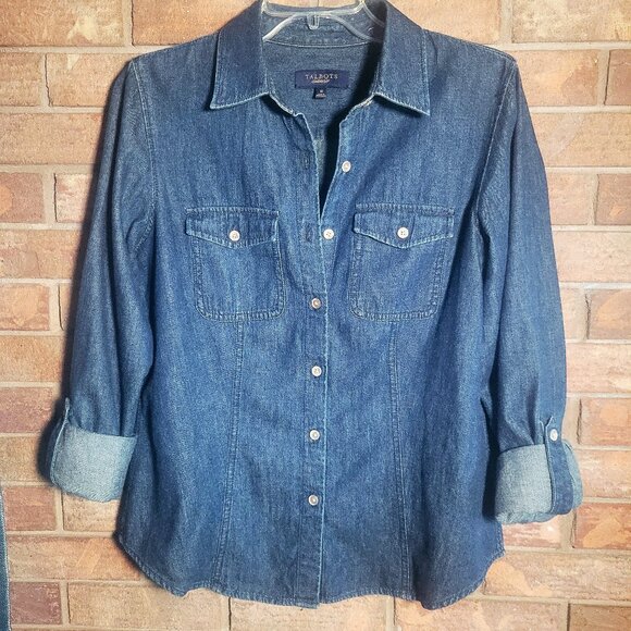 Talbots Women's Western Blue Denim Shirt Med Wash -Tabbed Sleeves Size 10 - Picture 1 of 11